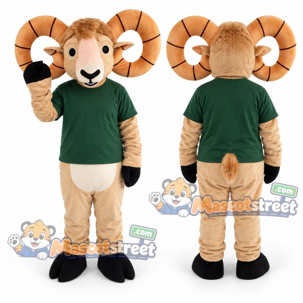 Tan Ram Mascot Costume with Green Shirt