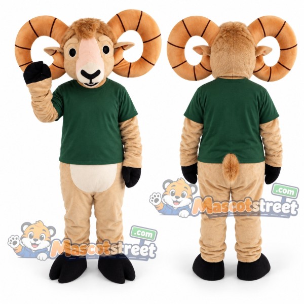 Tan Ram Mascot Costume with Green Shirt