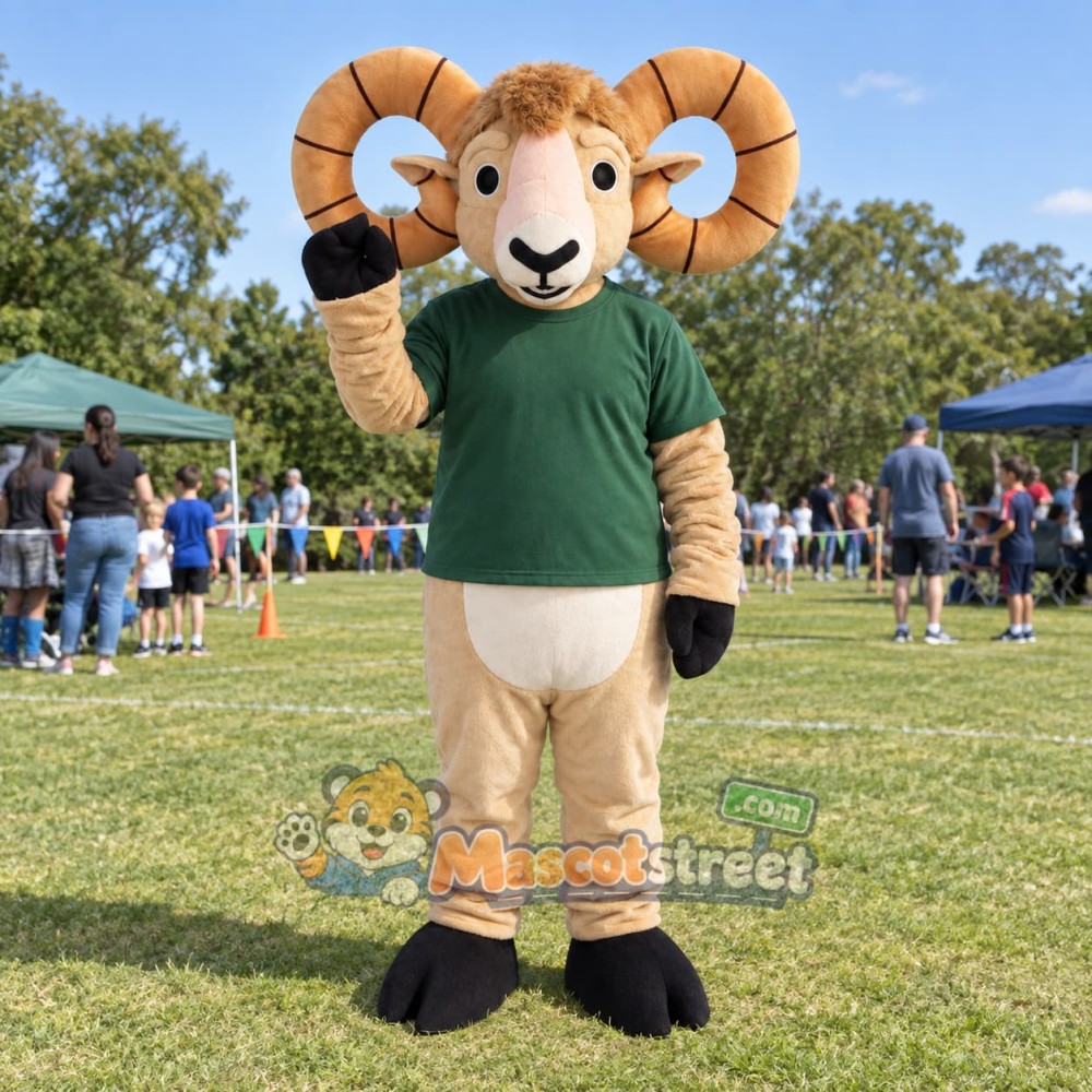 Tan Ram Mascot Costume with Green Shirt