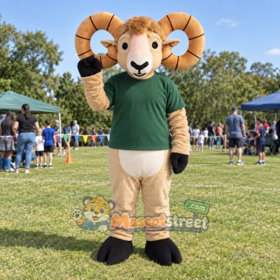 Tan Ram Mascot Costume with Green Shirt