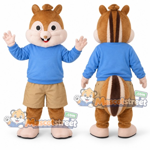 Brown Chipmunk Mascot Costume with Blue Sweatshirt and Khaki Shorts