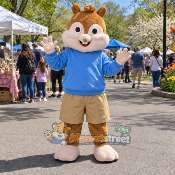 Brown Chipmunk Mascot Costume with Blue Sweatshirt and Khaki Shorts
