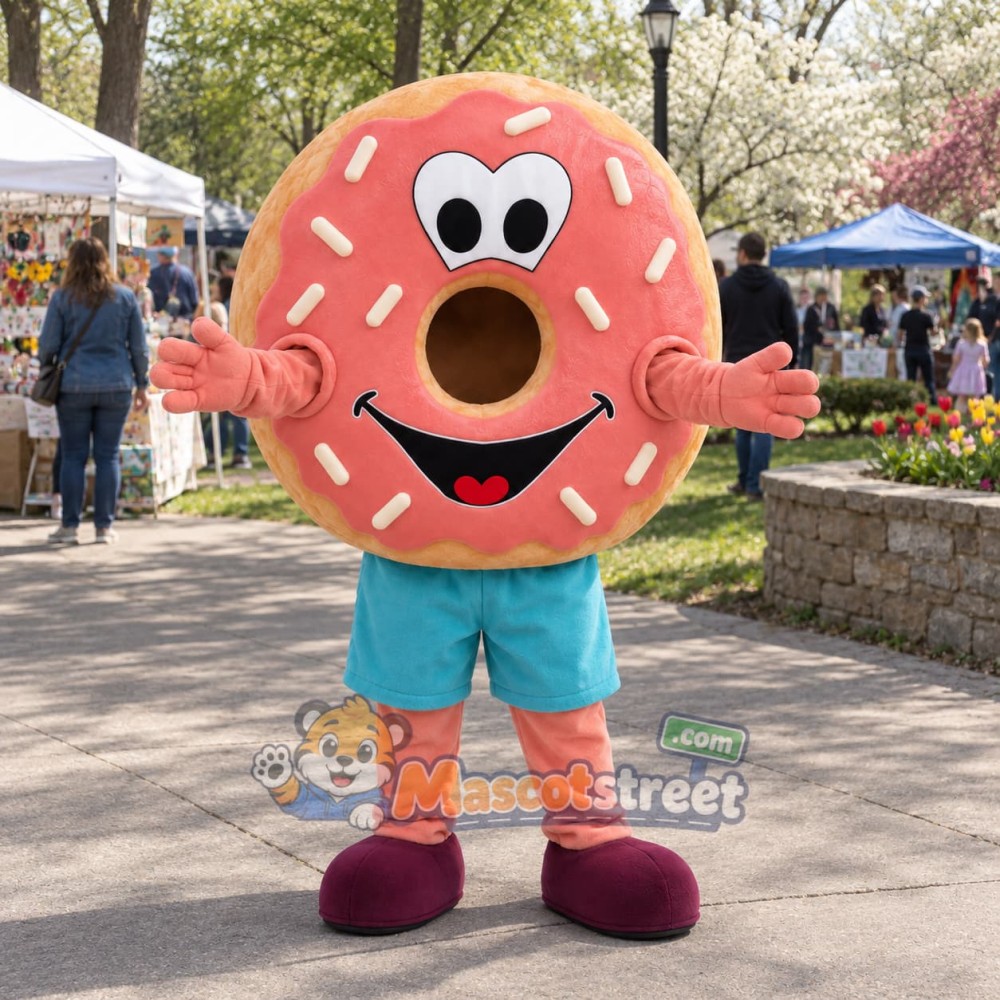 Pink Donut Mascot Costume with Teal Shorts Pink Donut Mascot Costume with Teal Shorts