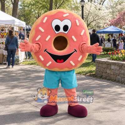 Pink Donut Mascot Costume with Teal Shorts Pink Donut Mascot Costume with Teal Shorts