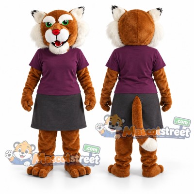 Brown Wildcat Mascot Costume with Purple Shirt and Gray Skirt