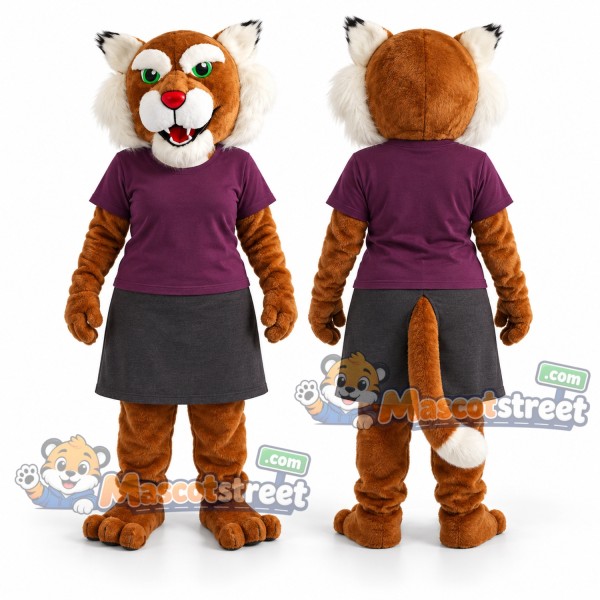 Brown Wildcat Mascot Costume with Purple Shirt and Gray Skirt