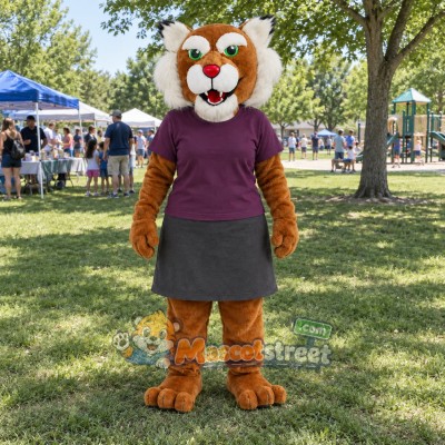 Brown Wildcat Mascot Costume with Purple Shirt and Gray Skirt