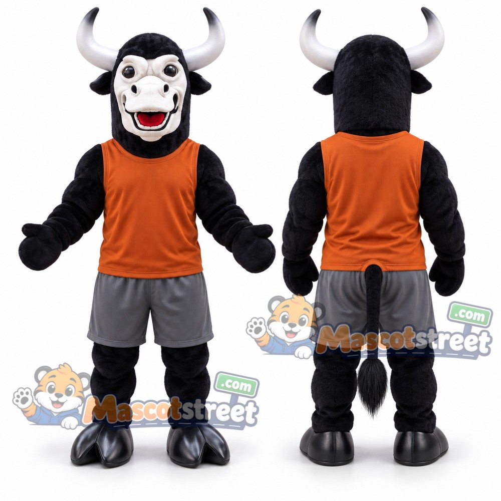 Black Bull Mascot Costume with Orange Shirt and Gray Shorts
