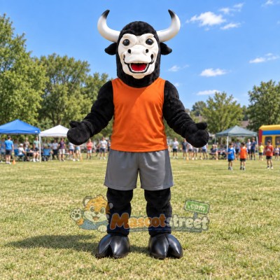 Black Bull Mascot Costume with Orange Shirt and Gray Shorts