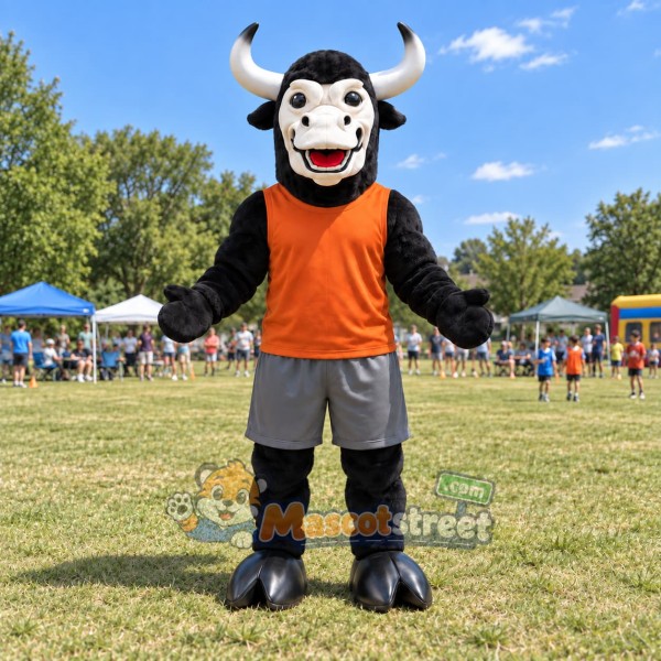Black Bull Mascot Costume with Orange Shirt and Gray Shorts