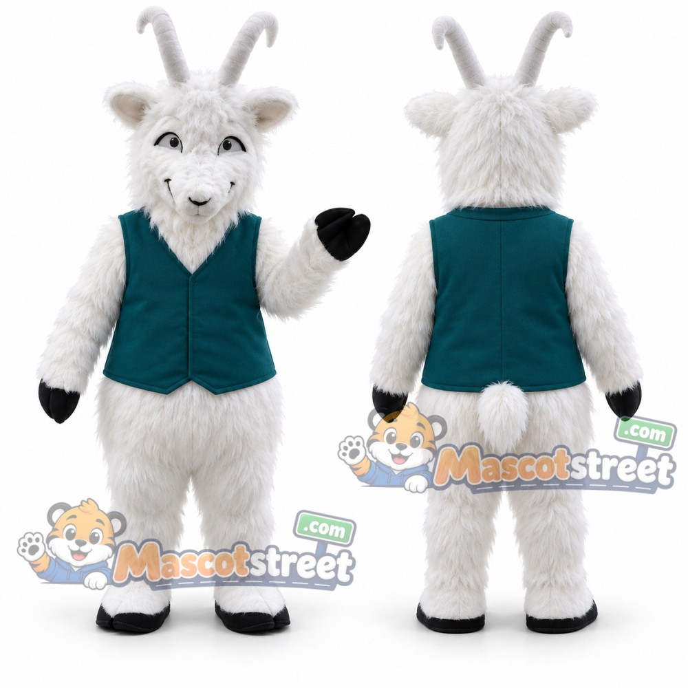 White Goat Mascot Costume with Teal Vest
