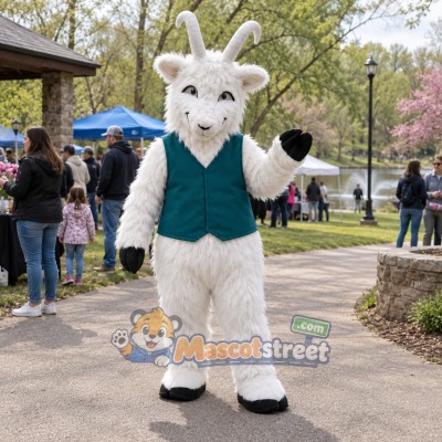 White Goat Mascot Costume with Teal Vest
