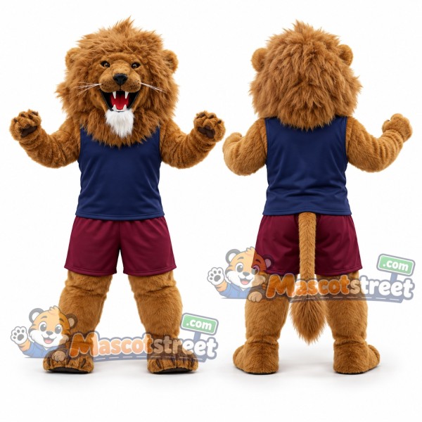 Brown Lion Mascot Costume with Navy Shirt and Burgundy Shorts