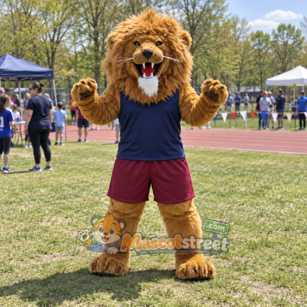 Brown Lion Mascot Costume with Navy Shirt and Burgundy Shorts