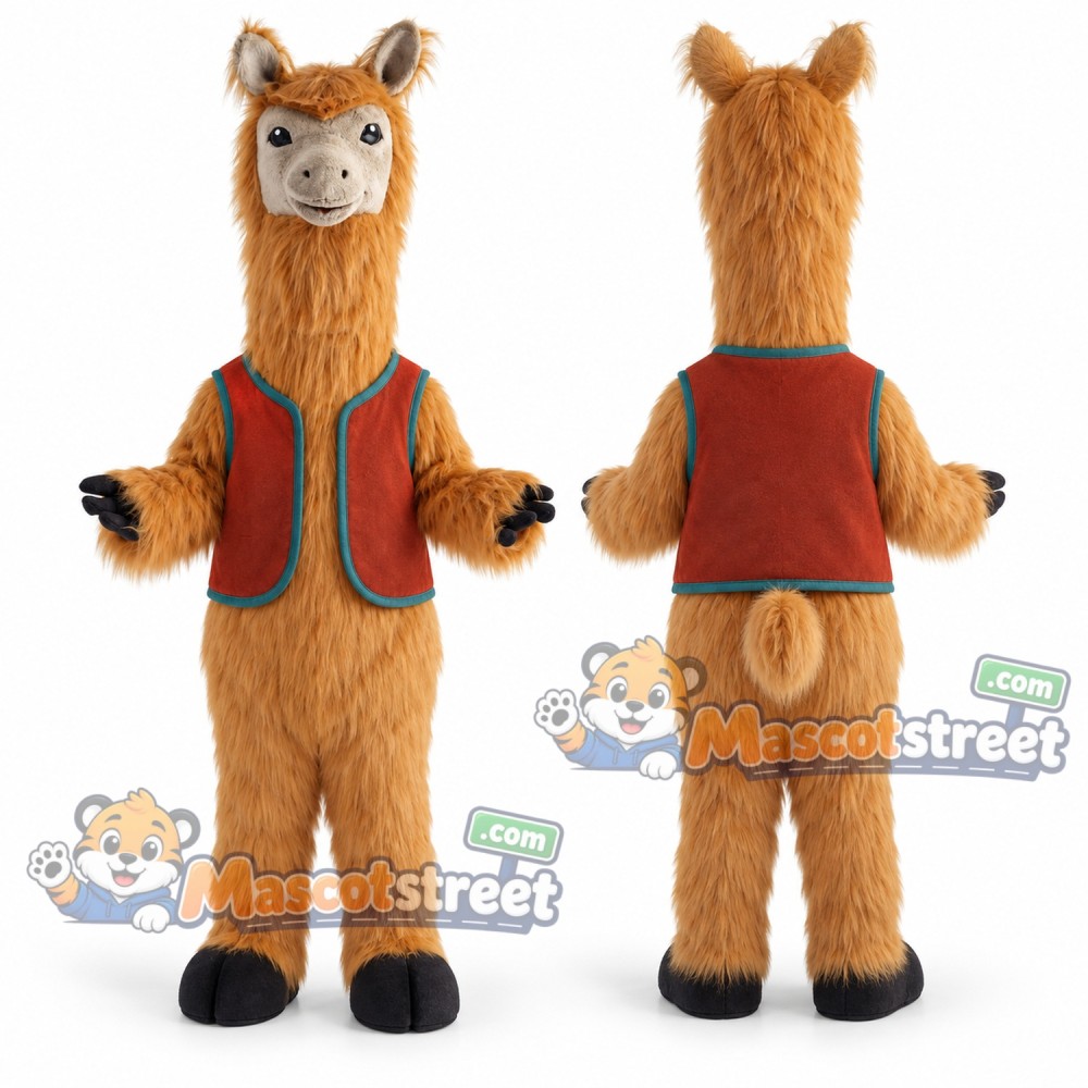 Brown Llama Mascot Costume with Orange Vest