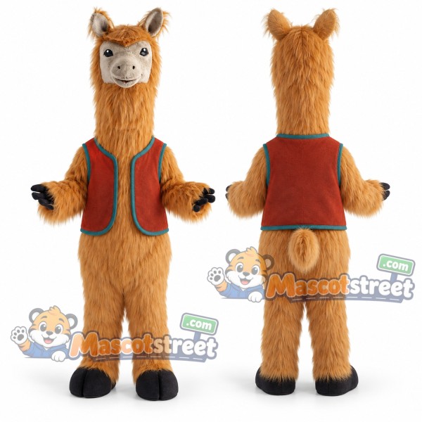 Brown Llama Mascot Costume with Orange Vest