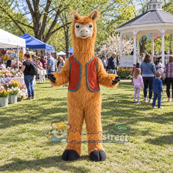 Brown Llama Mascot Costume with Orange Vest