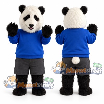 Panda Mascot Costume with Blue Sweater and Gray Shorts Panda Mascot Costume with Blue Sweater and Gray Shorts