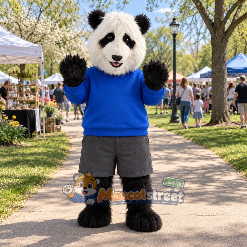 Panda Mascot Costume with Blue Sweater and Gray Shorts Panda Mascot Costume with Blue Sweater and Gray Shorts