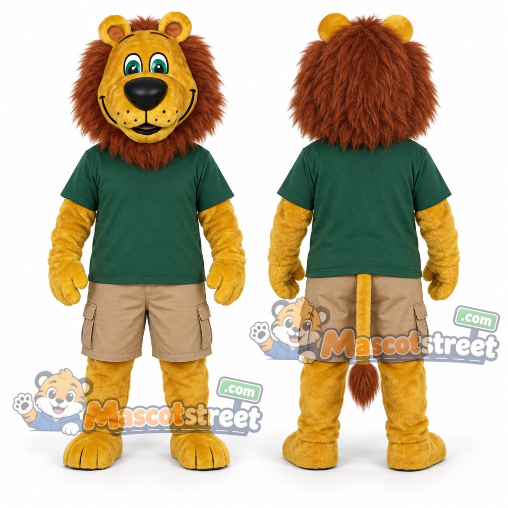 Yellow Lion Mascot Costume with Green Shirt and Khaki Shorts