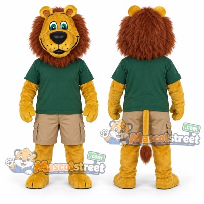 Yellow Lion Mascot Costume with Green Shirt and Khaki Shorts