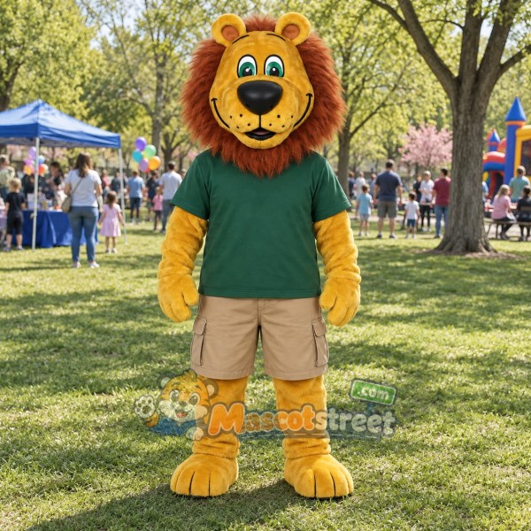 Yellow Lion Mascot Costume with Green Shirt and Khaki Shorts
