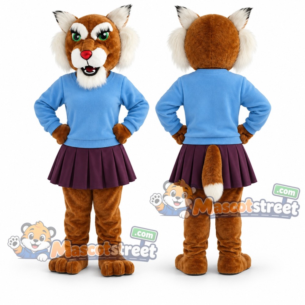 Brown Wildcat Mascot Costume with Blue Shirt and Burgundy Skirt Brown Wildcat Mascot Costume with Blue Shirt and Burgundy Skirt