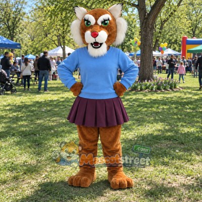 Brown Wildcat Mascot Costume with Blue Shirt and Burgundy Skirt Brown Wildcat Mascot Costume with Blue Shirt and Burgundy Skirt
