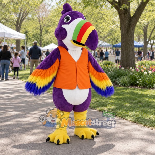 Purple Toucan Mascot Costume with Orange Vest