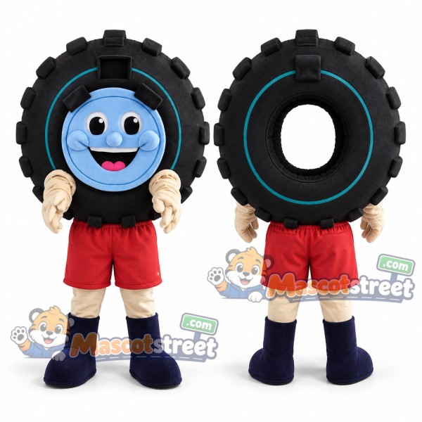 Black Tire Character Mascot Costume with Red Shorts