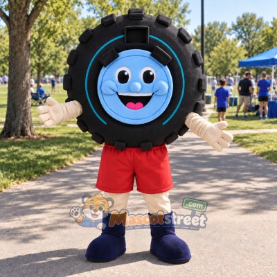 Black Tire Character Mascot Costume with Red Shorts Black Tire Character Mascot Costume with Red Shorts
