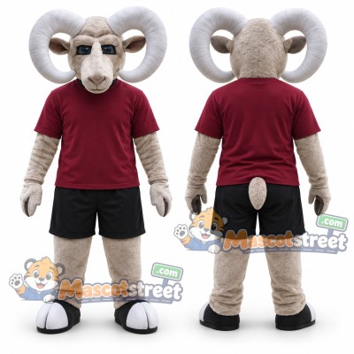 Gray Ram Mascot Costume with Burgundy Shirt and Black Shorts