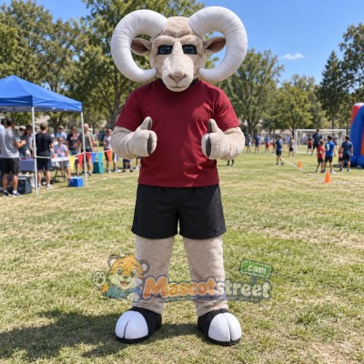 Gray Ram Mascot Costume with Burgundy Shirt and Black Shorts