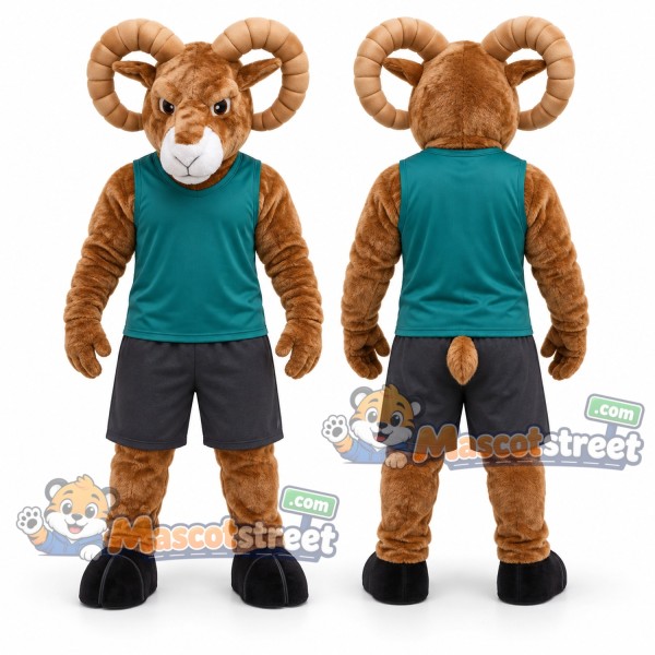 Brown Ram Mascot Costume with Teal Shirt and Gray Shorts