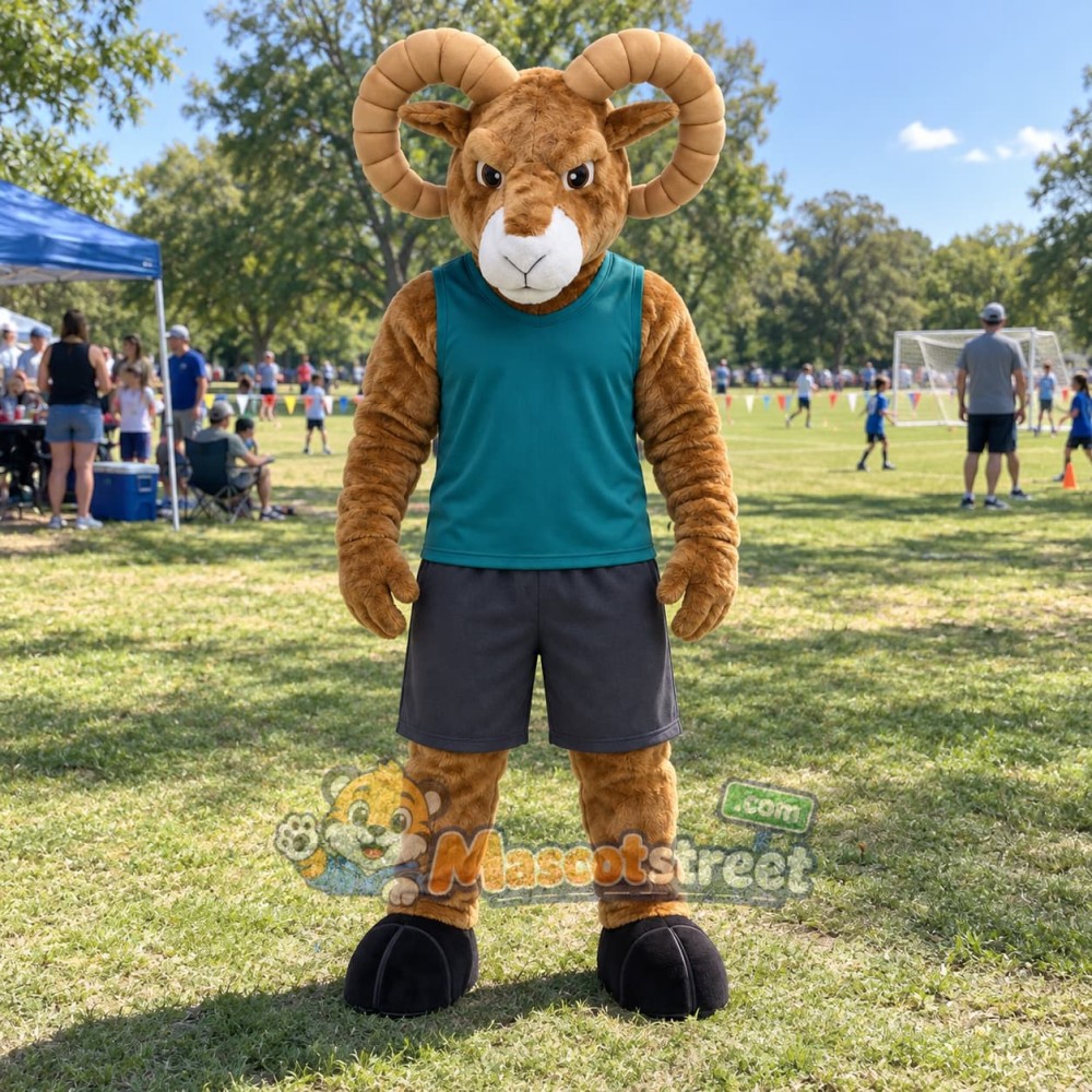 Brown Ram Mascot Costume with Teal Shirt and Gray Shorts