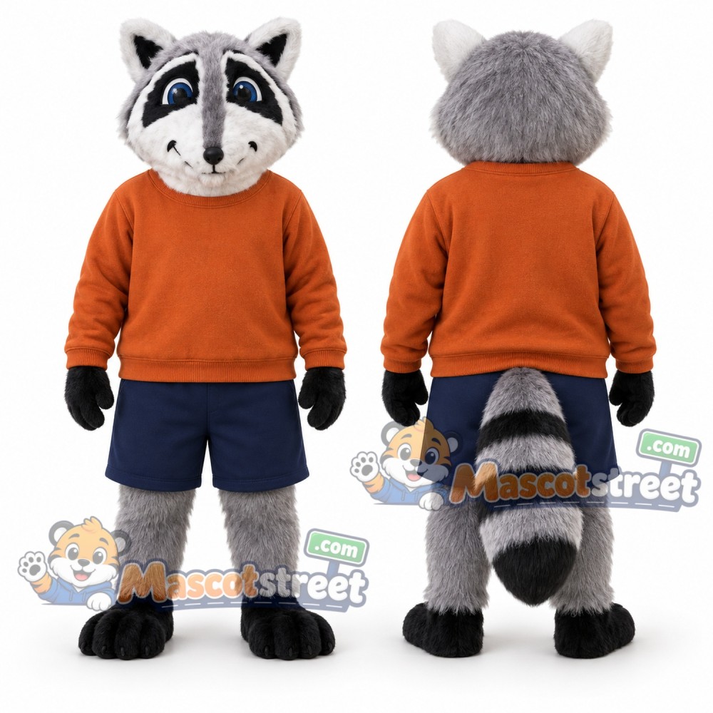 Gray Raccoon Mascot Costume with Orange Sweater and Navy Shorts