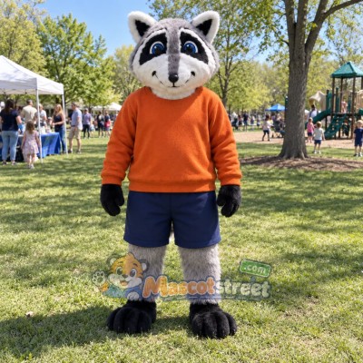 Gray Raccoon Mascot Costume with Orange Sweater and Navy Shorts