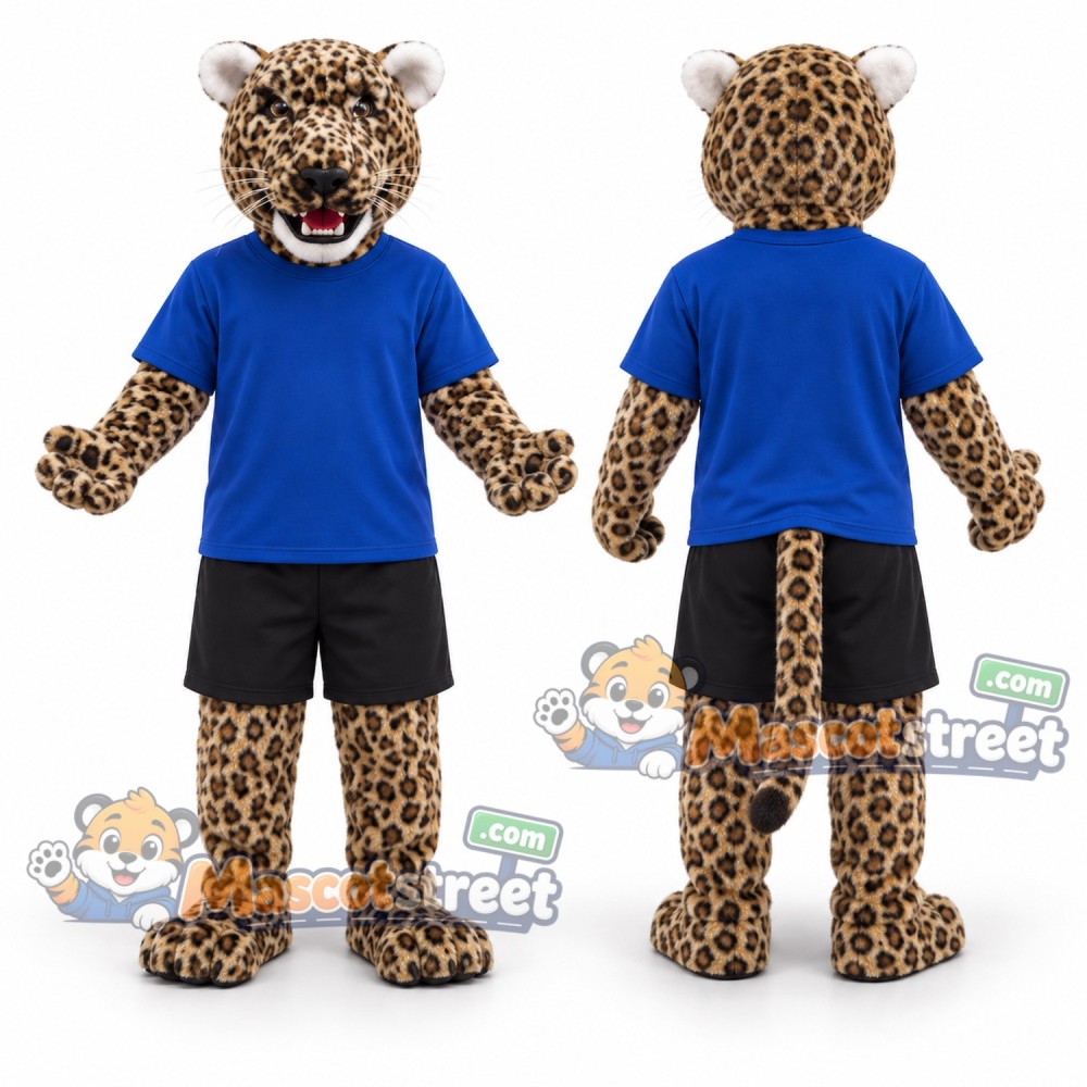 Spotted Leopard Mascot Costume with Blue Shirt and Black Shorts Spotted Leopard Mascot Costume with Blue Shirt and Black Shorts