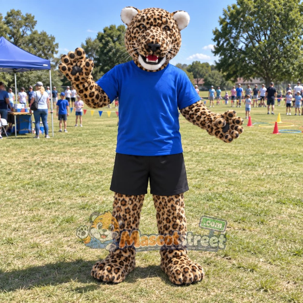 Spotted Leopard Mascot Costume with Blue Shirt and Black Shorts Spotted Leopard Mascot Costume with Blue Shirt and Black Shorts