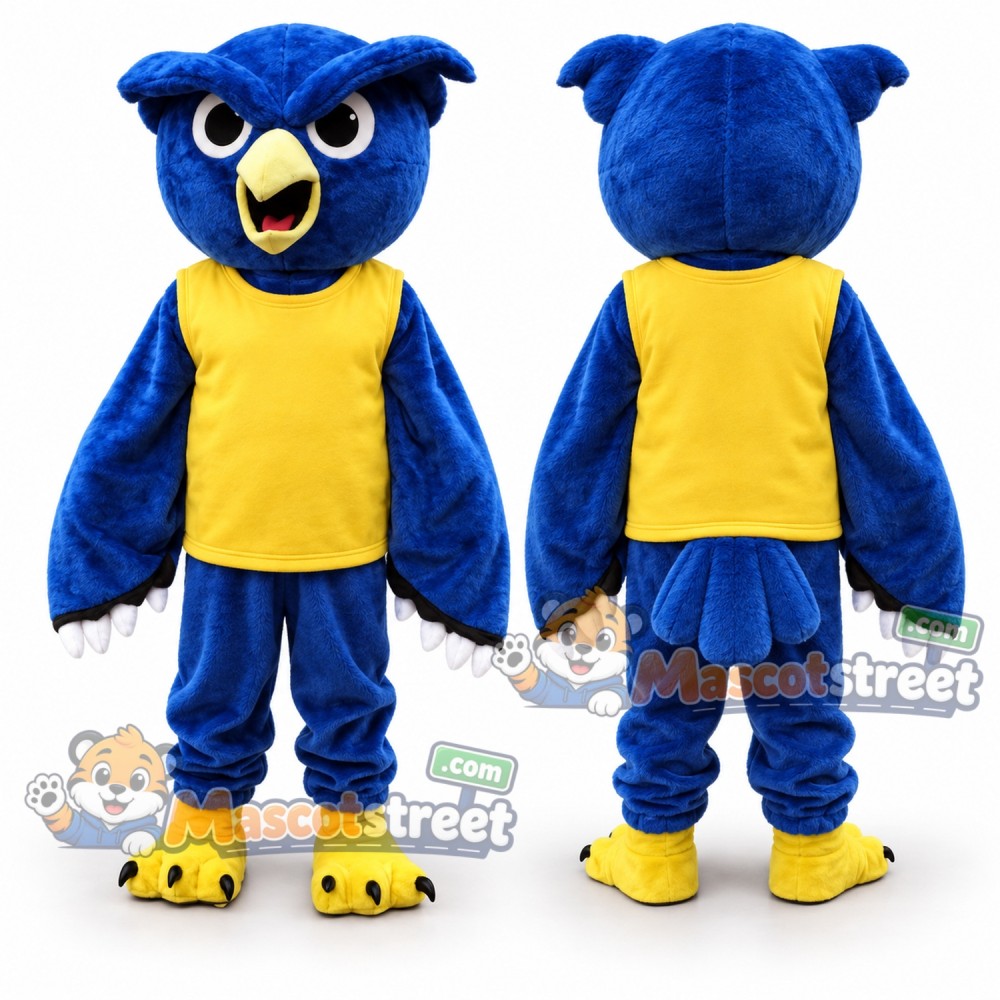 Blue Owl Mascot Costume with Yellow Shirt Blue Owl Mascot Costume with Yellow Shirt