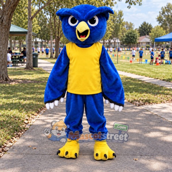 Blue Owl Mascot Costume with Yellow Shirt