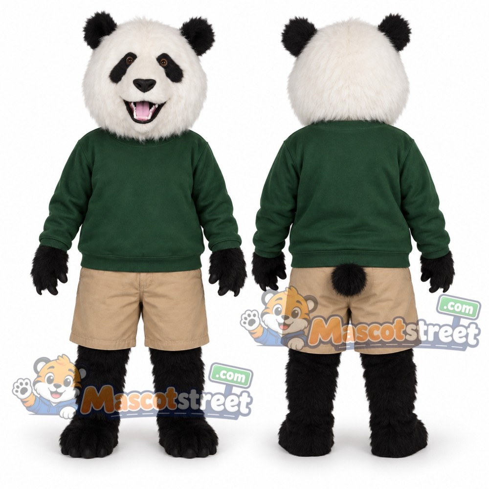 Panda Mascot Costume with Green Sweater and Khaki Shorts