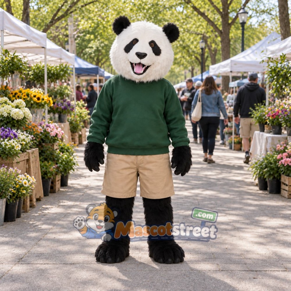 Panda Mascot Costume with Green Sweater and Khaki Shorts
