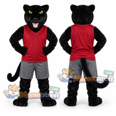 Black Panther Mascot Costume with Red Shirt and Gray Shorts