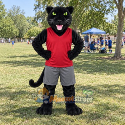 Black Panther Mascot Costume with Red Shirt and Gray Shorts