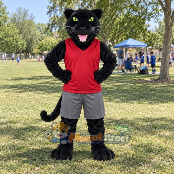 Black Panther Mascot Costume with Red Shirt and Gray Shorts