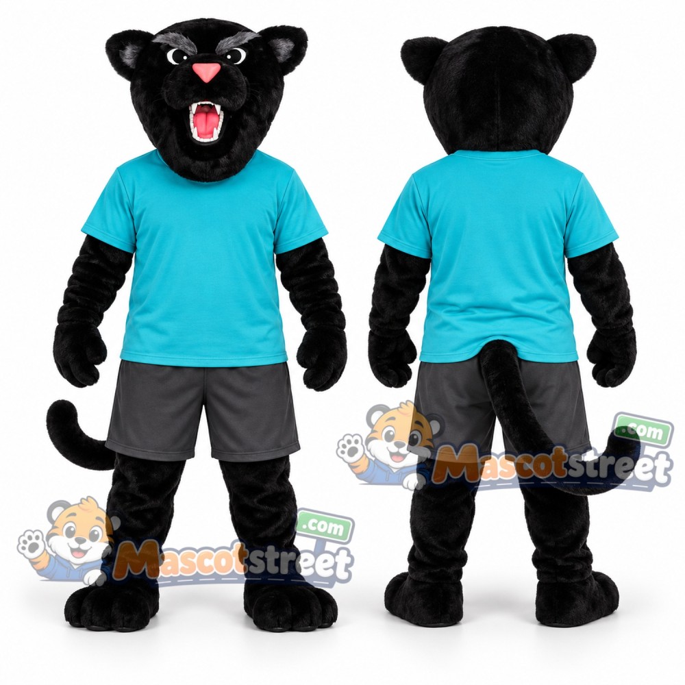Black Panther Mascot Costume with Teal Shirt and Gray Shorts