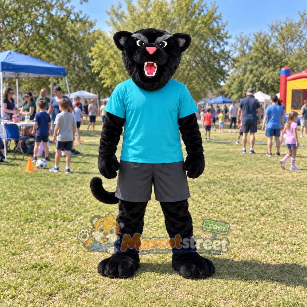 Black Panther Mascot Costume with Teal Shirt and Gray Shorts
