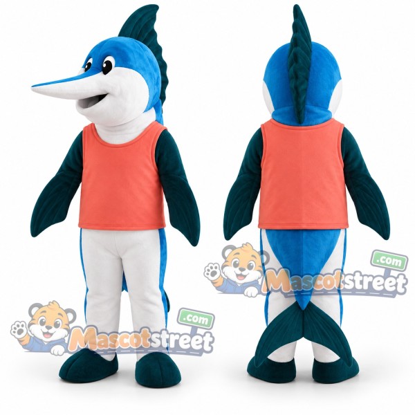 Blue Swordfish Mascot Costume with Coral Shirt and White Pants