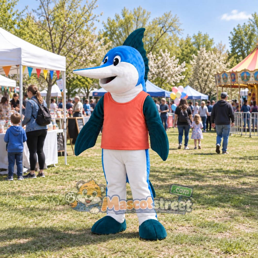 Blue Swordfish Mascot Costume with Coral Shirt and White Pants